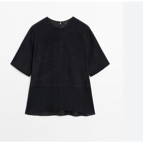 Massimo Dutti Womens Blouse M Short Sleeve Suede Leather Navy Blue 5311/841 NWT - Picture 3 of 10